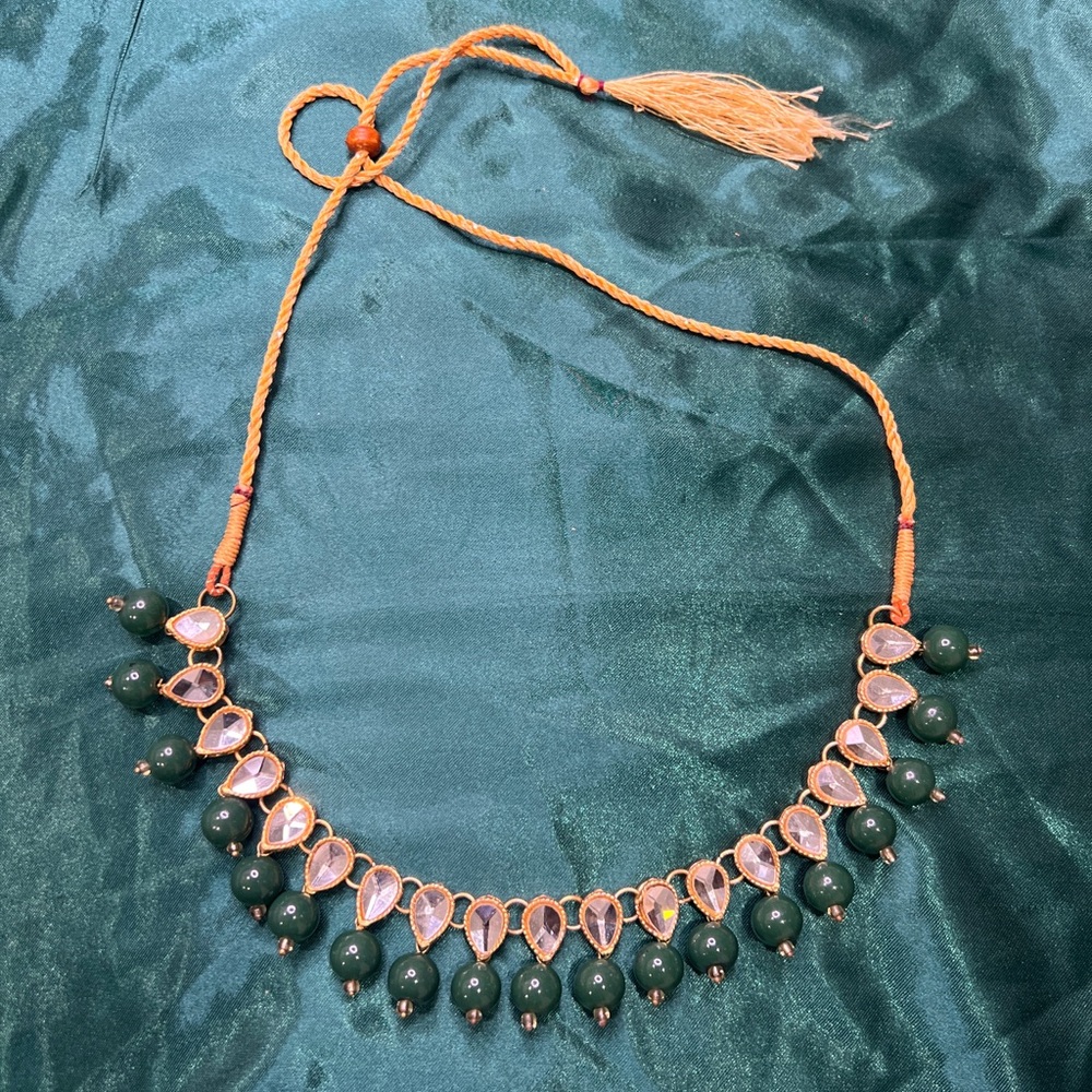 Green Beaded & Crystal Adjustable Necklace